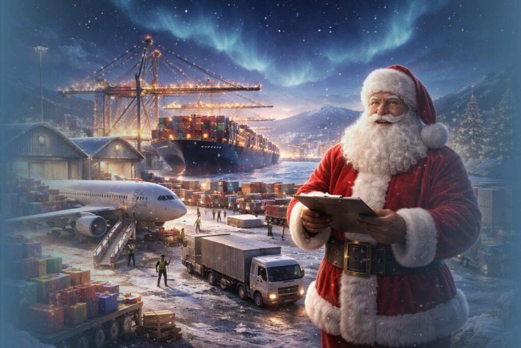Christmas logistics illustration showing cargo transport during peak season