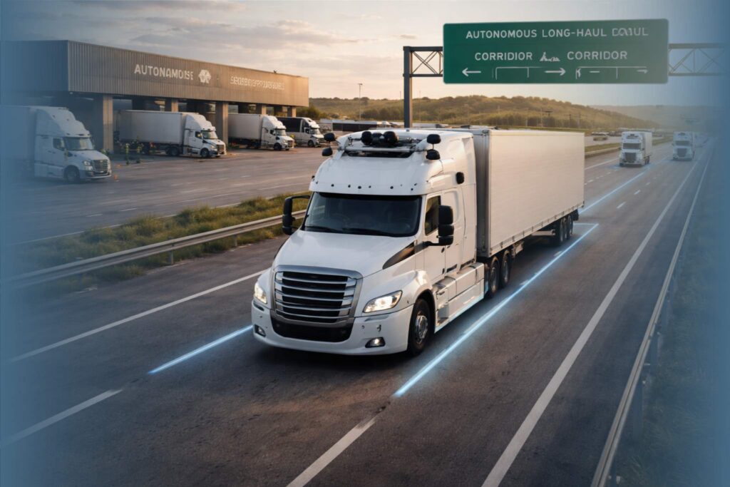 Autonomous truck in logistics driving on highway representing future of freight transport
